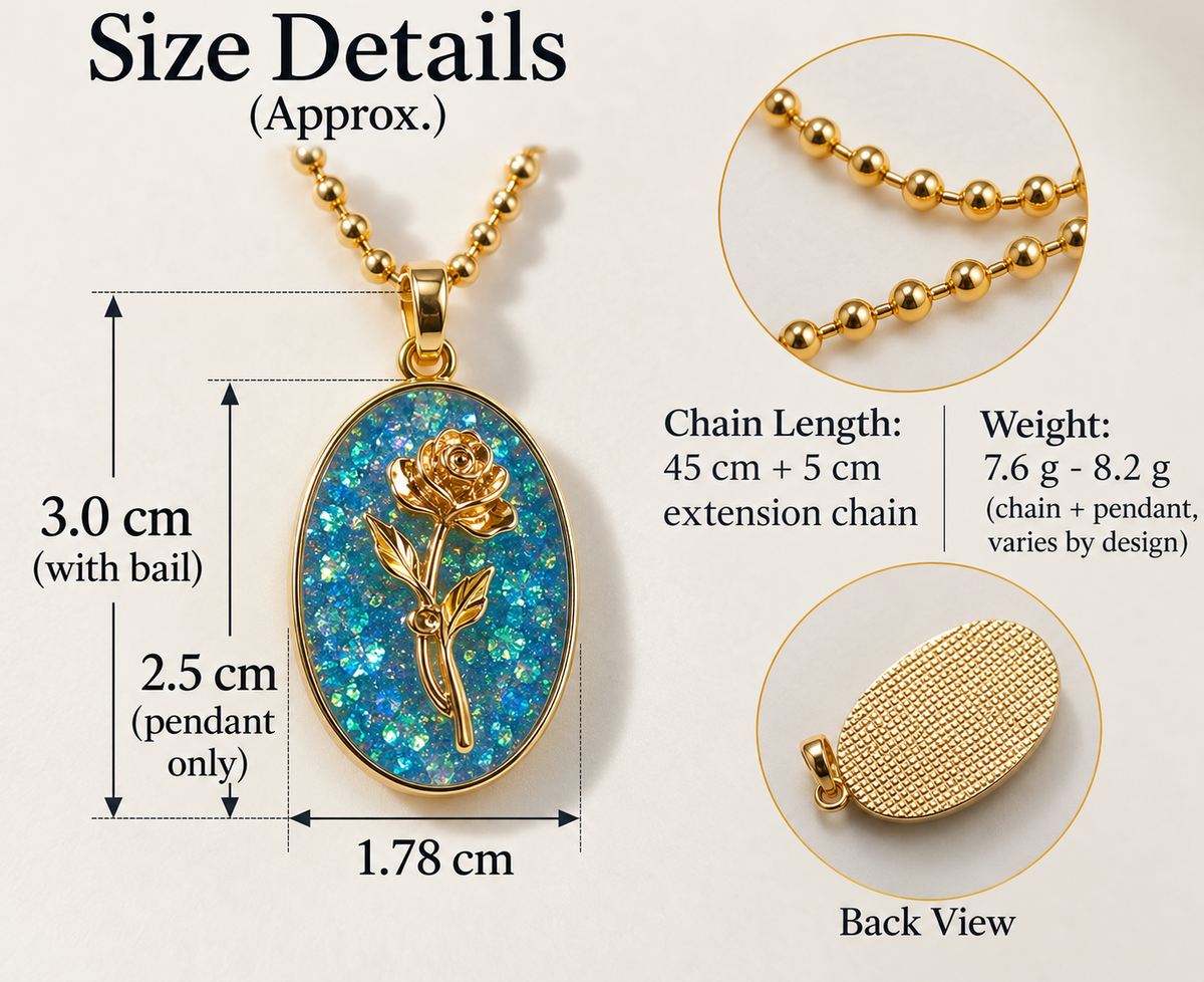 Pendant size, chain length, weight, and reverse side details
