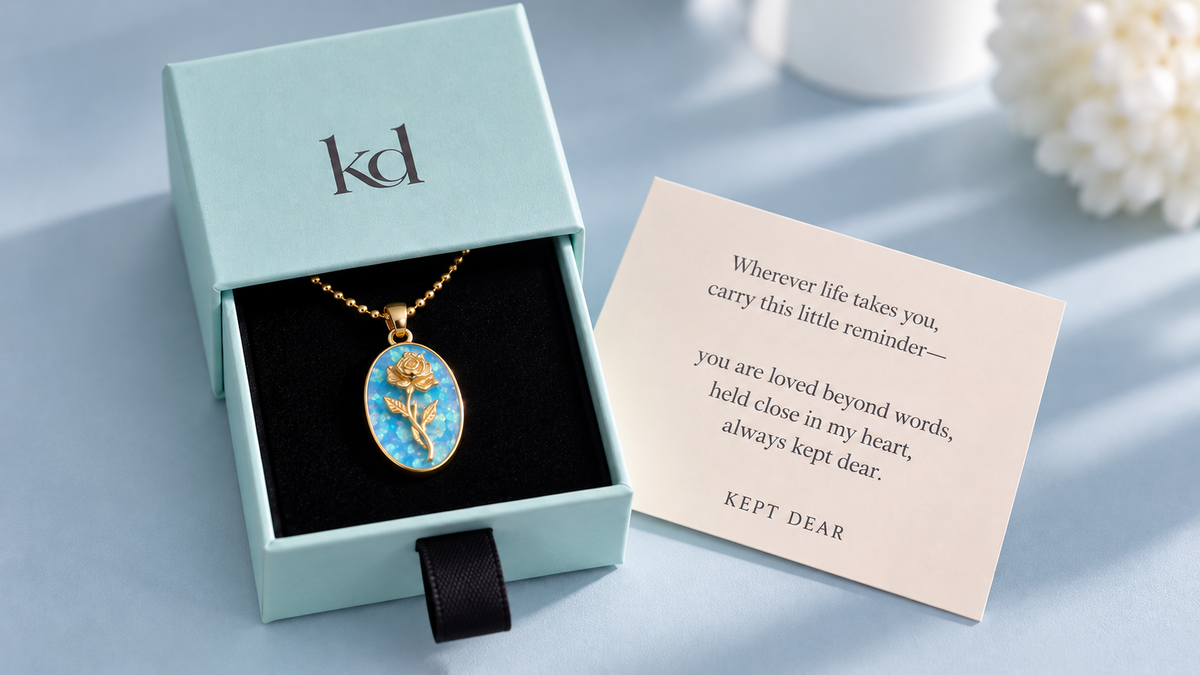 Kept Dear necklace gift box and keepsake message card