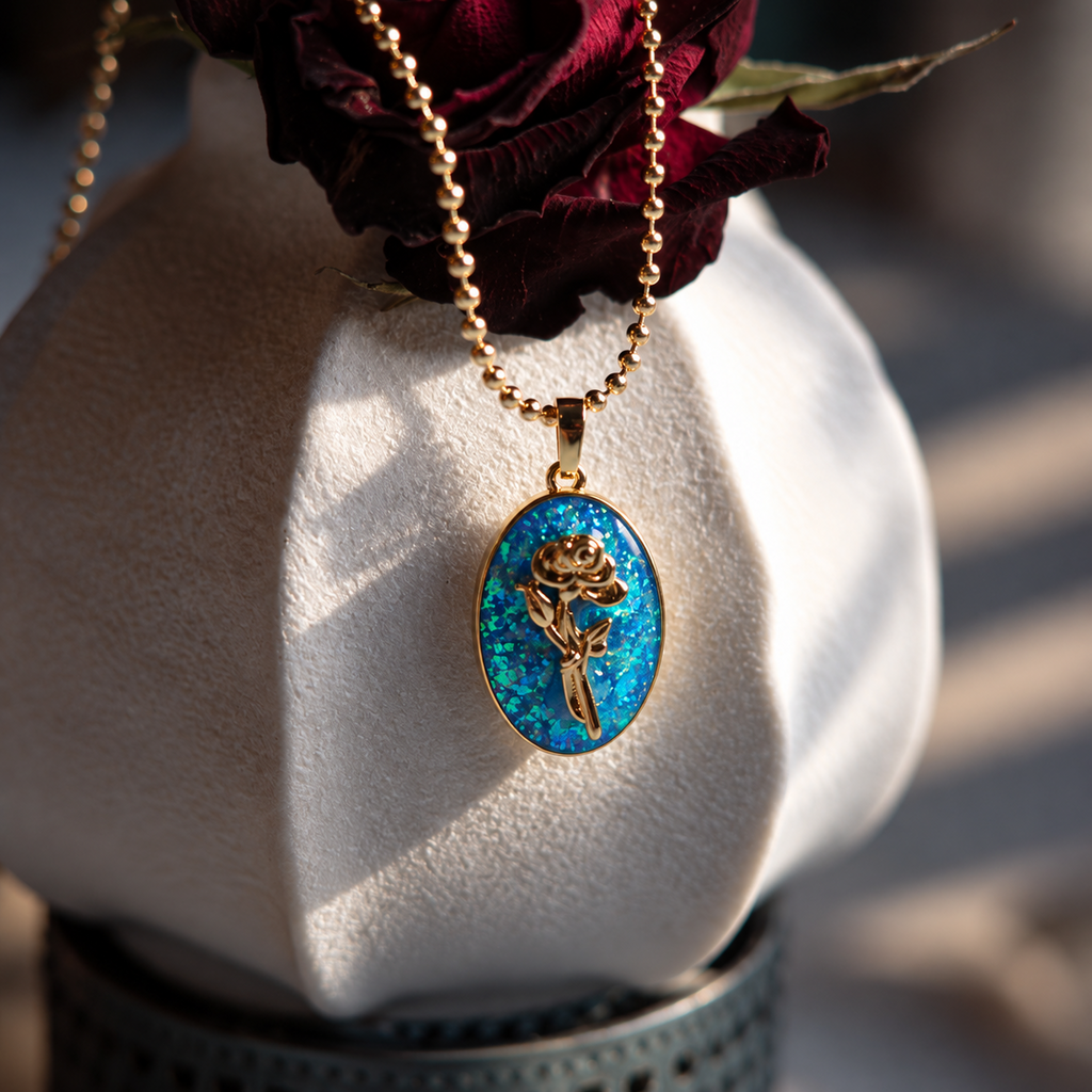 Blue opal look pendant necklace on display