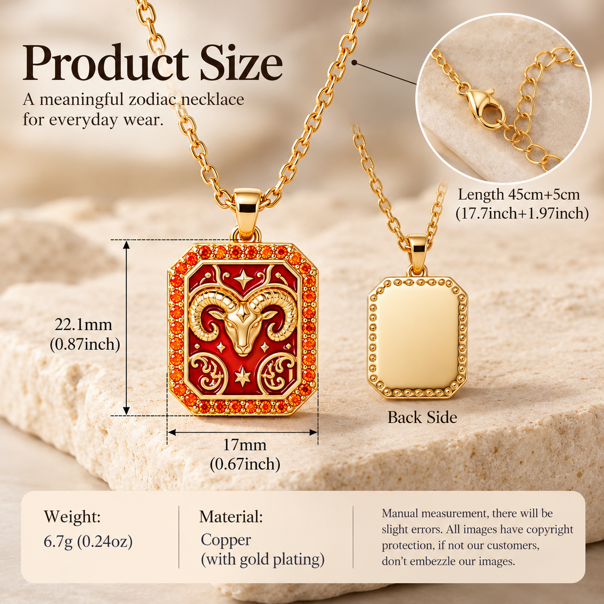 Zodiac necklace dimensions and material