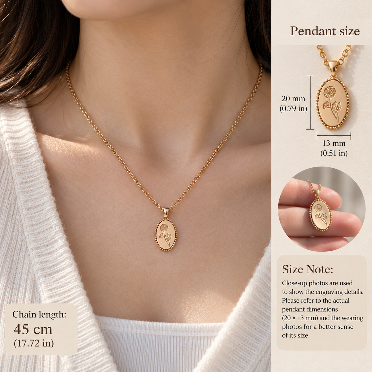Personalized Birth Flower Oval Necklace