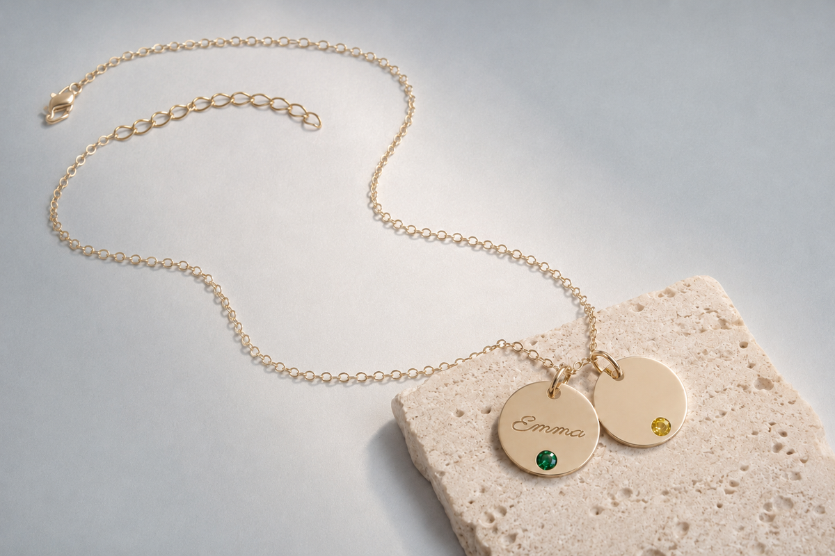 Personalized Birthstone Disc Necklace – Custom Name Engraving
