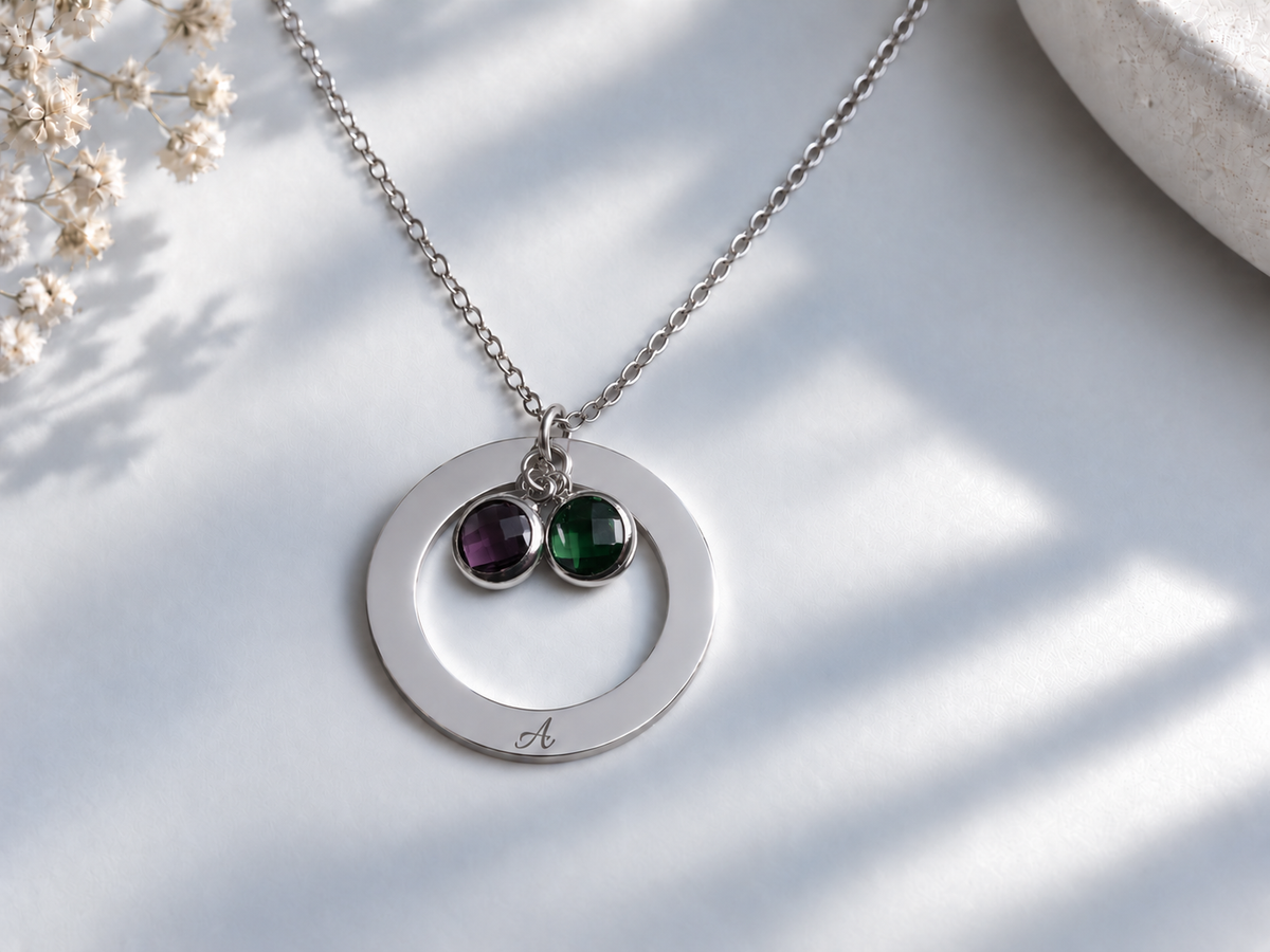 Personalized Birthstone Circle Necklace – Custom Name Engraving