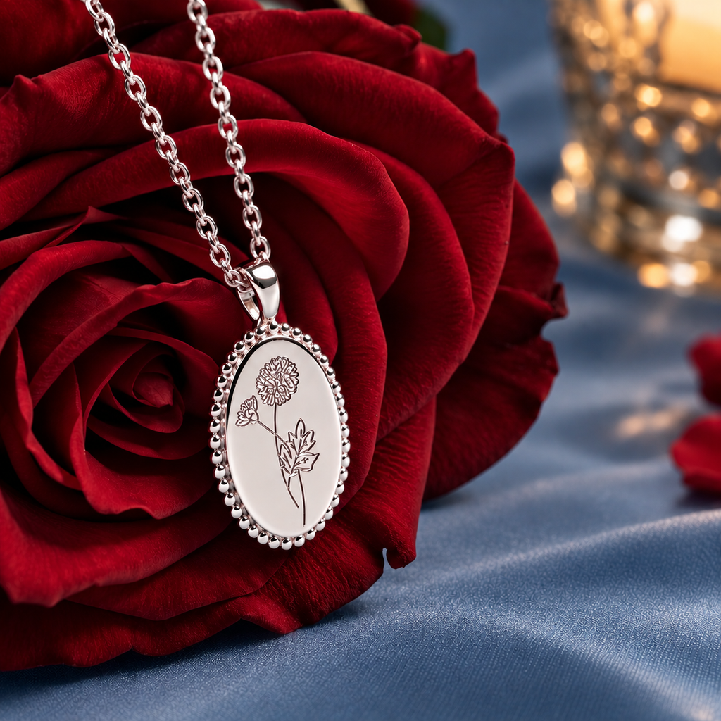 Personalized Birth Flower Oval Necklace