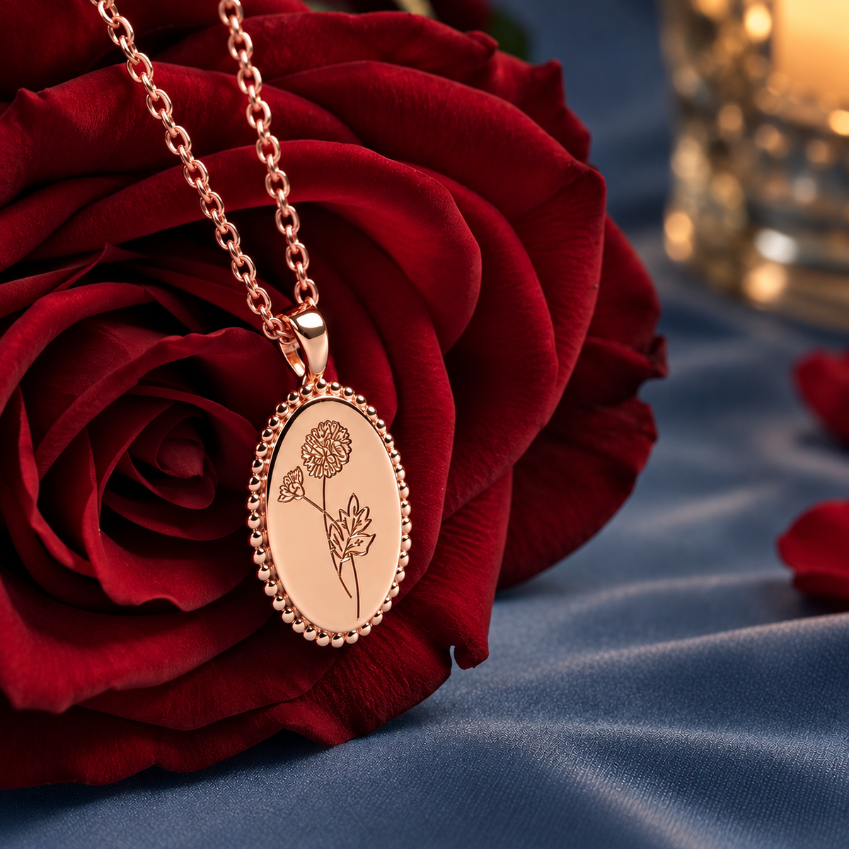 Personalized Birth Flower Oval Necklace