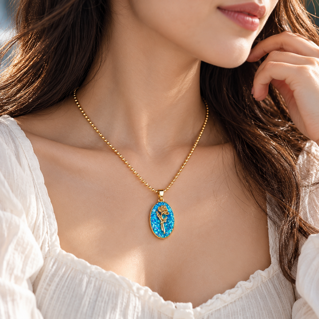 Blue opal birth flower necklace worn by model