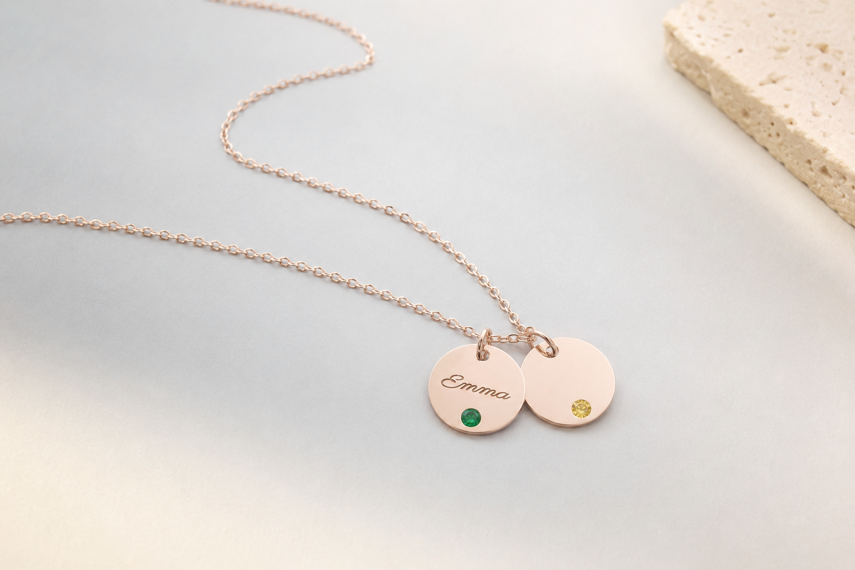 Personalized Birthstone Disc Necklace – Custom Name Engraving