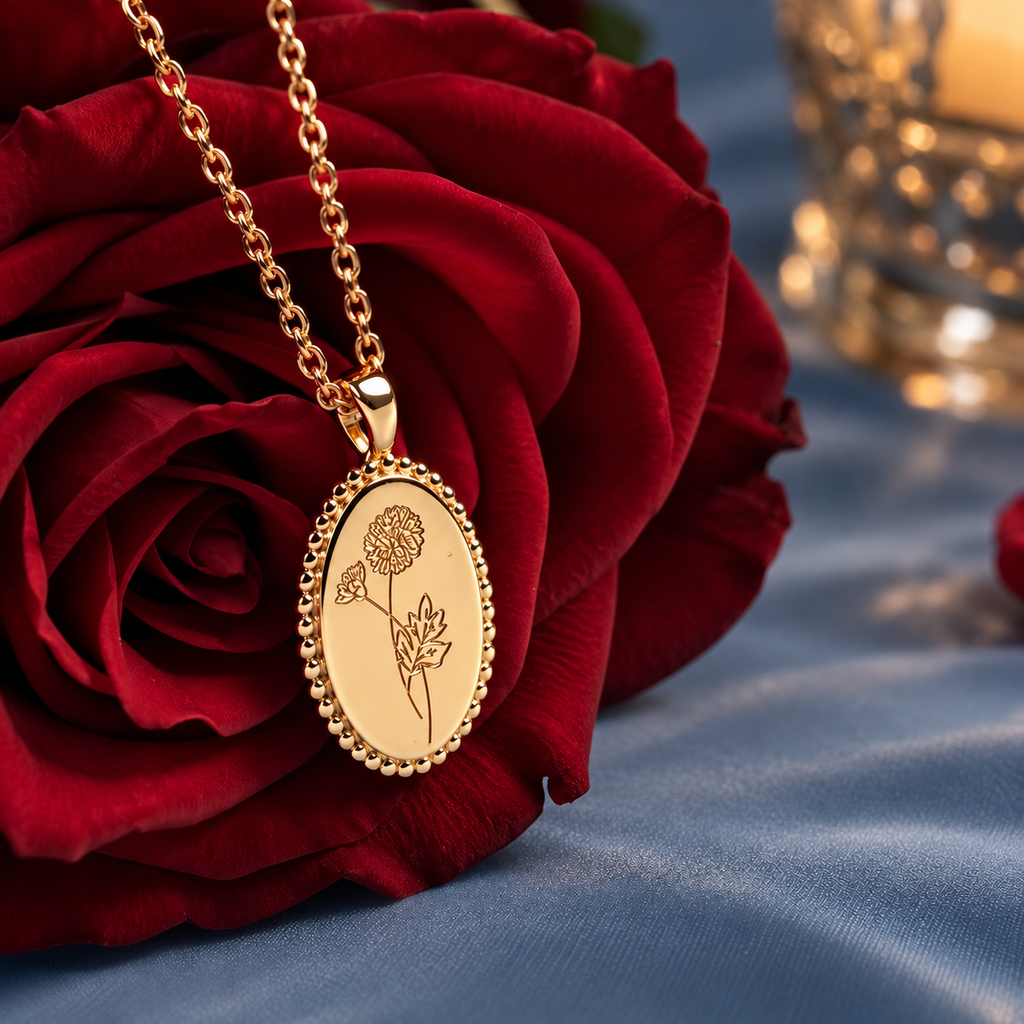 Personalized Birth Flower Oval Necklace