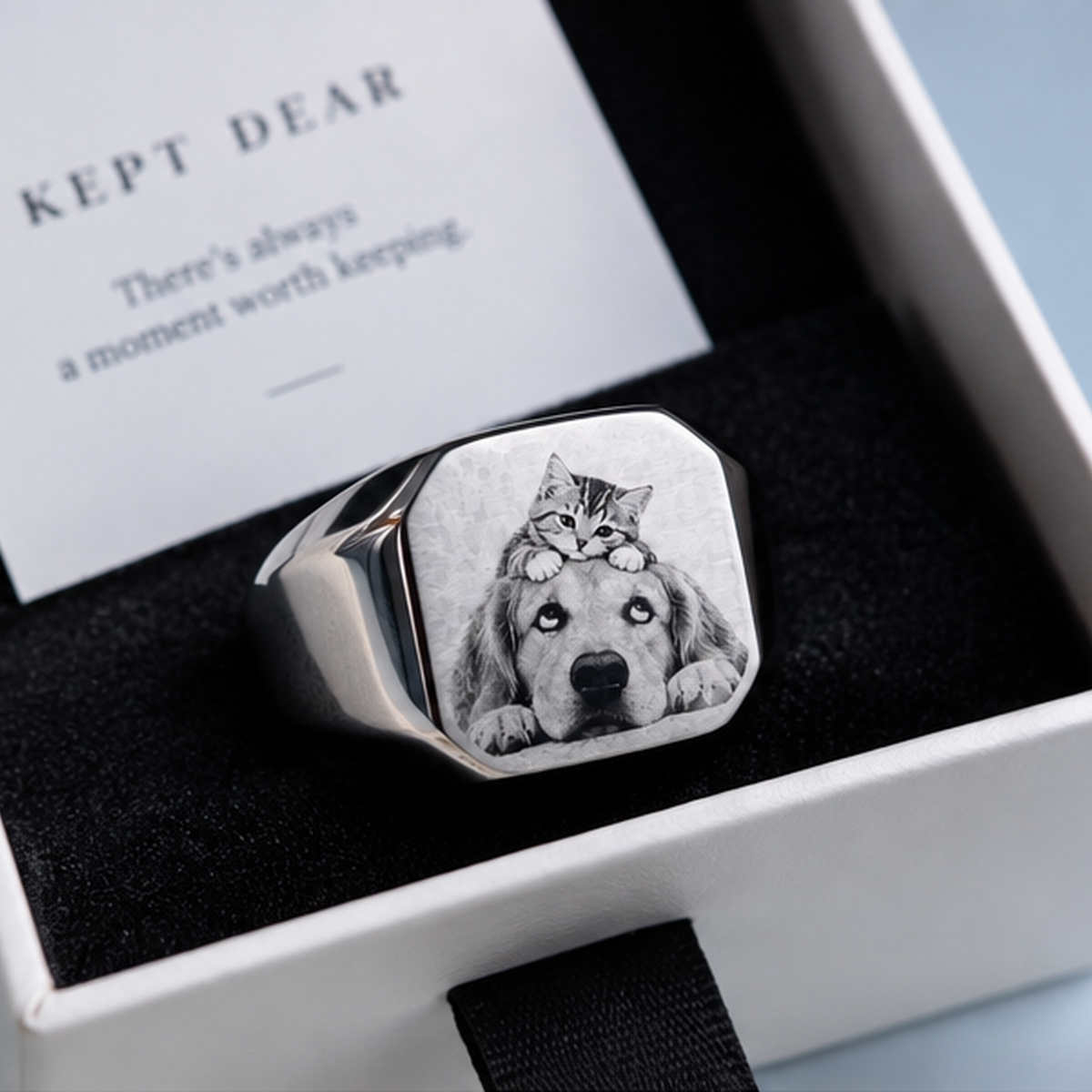 Custom photo ring in Kept Dear gift packaging