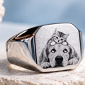 Personalized silver signet ring engraved with dog and cat portrait