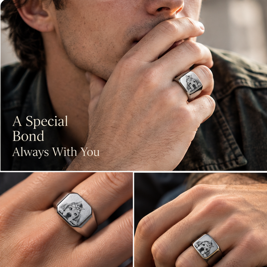 Custom photo signet ring on hand