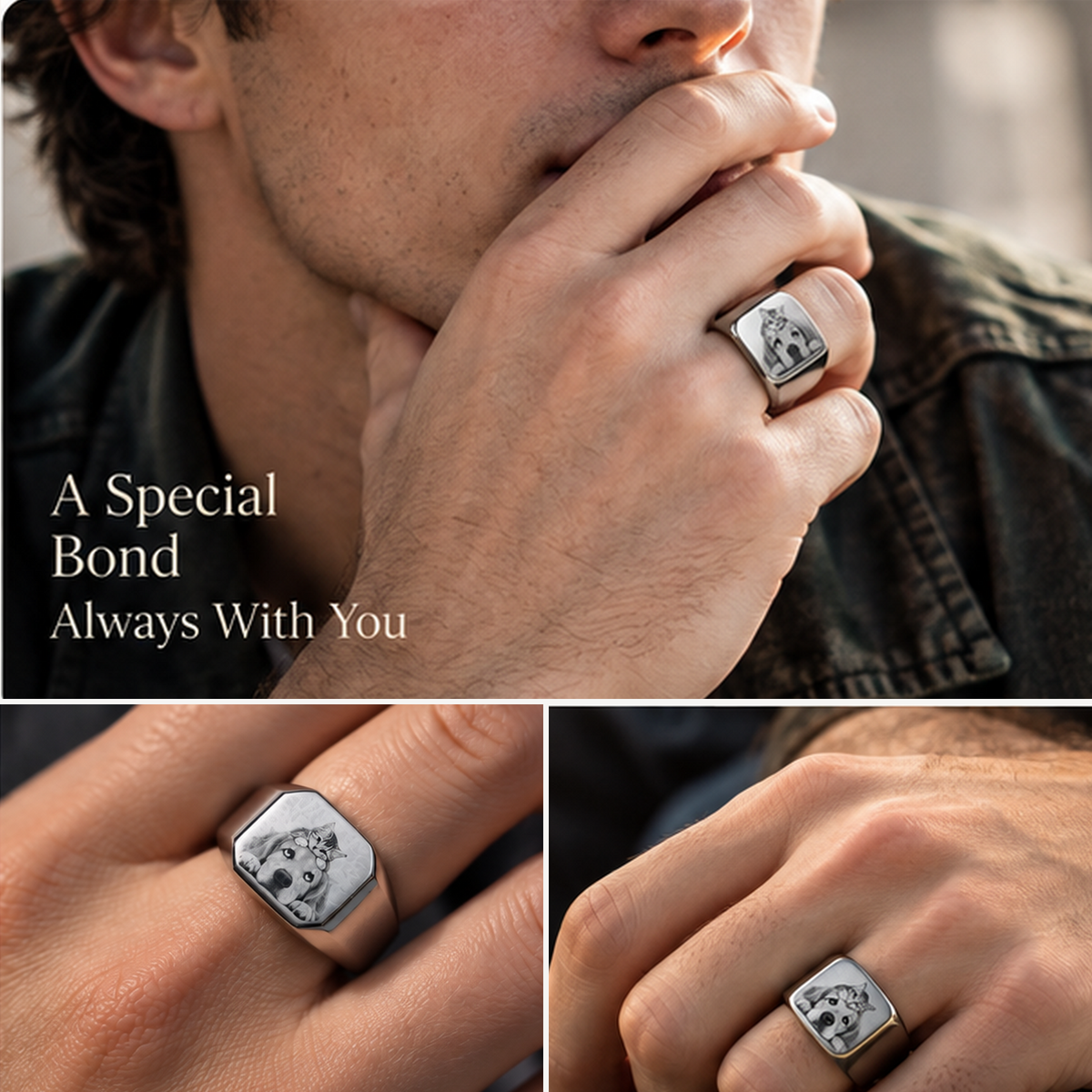 Custom photo signet ring on hand