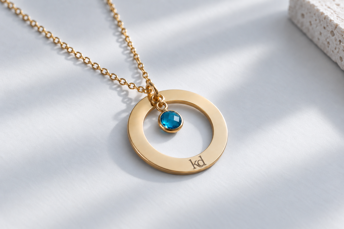 Personalized Birthstone Circle Necklace – Custom Name Engraving