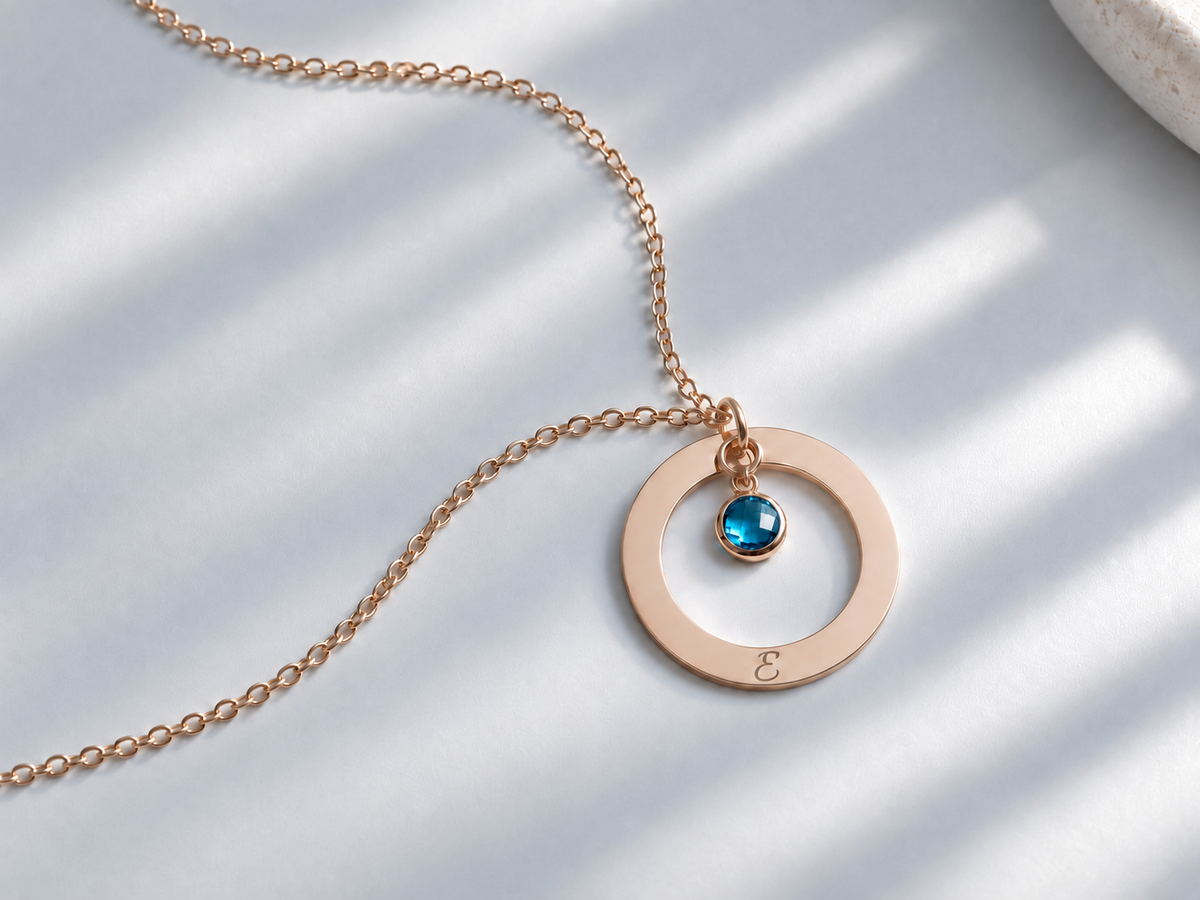 Personalized Birthstone Circle Necklace – Custom Name Engraving