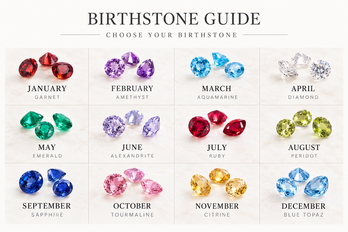 Birthstone color reference chart January to December for personalized ring