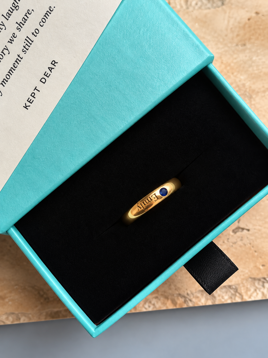 Gold birthstone ring in Kept Dear gift packaging